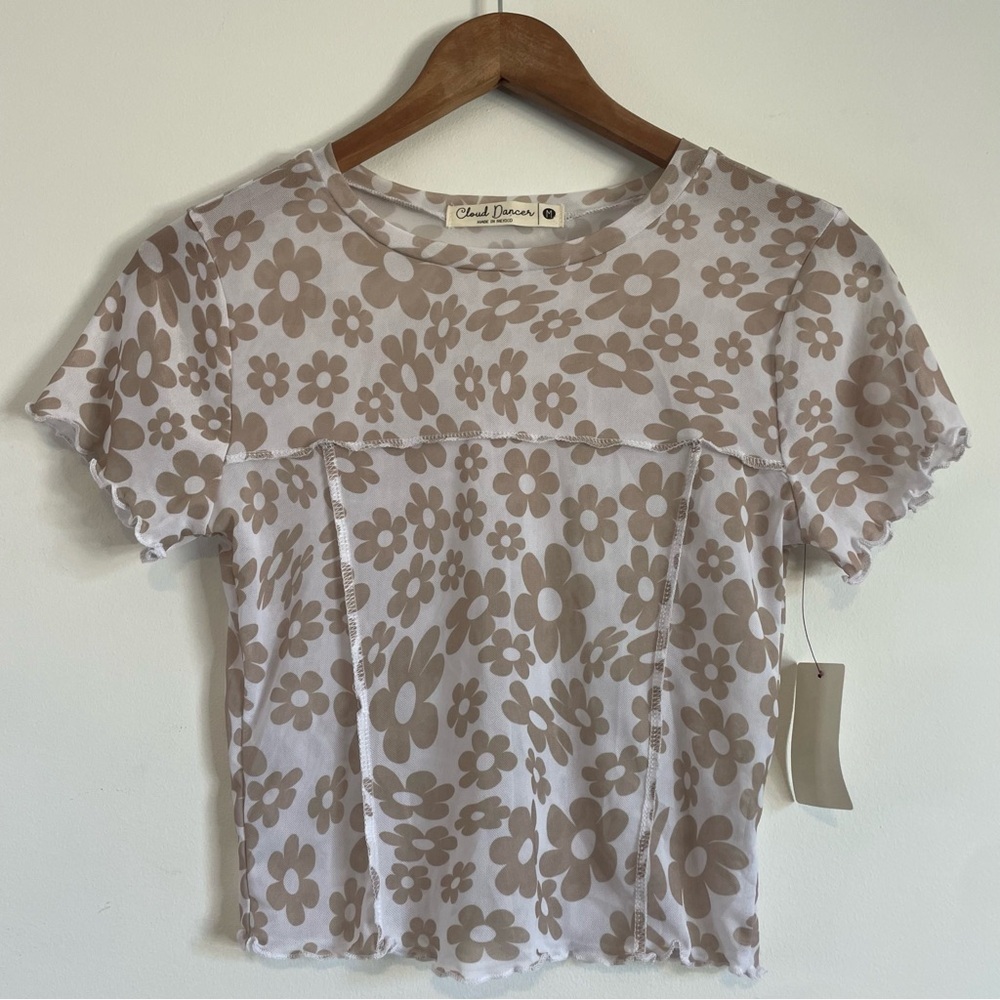 NWT Retro Mesh Top Medium Flower White Neutral Tee Cloud Floral 90s Revival
